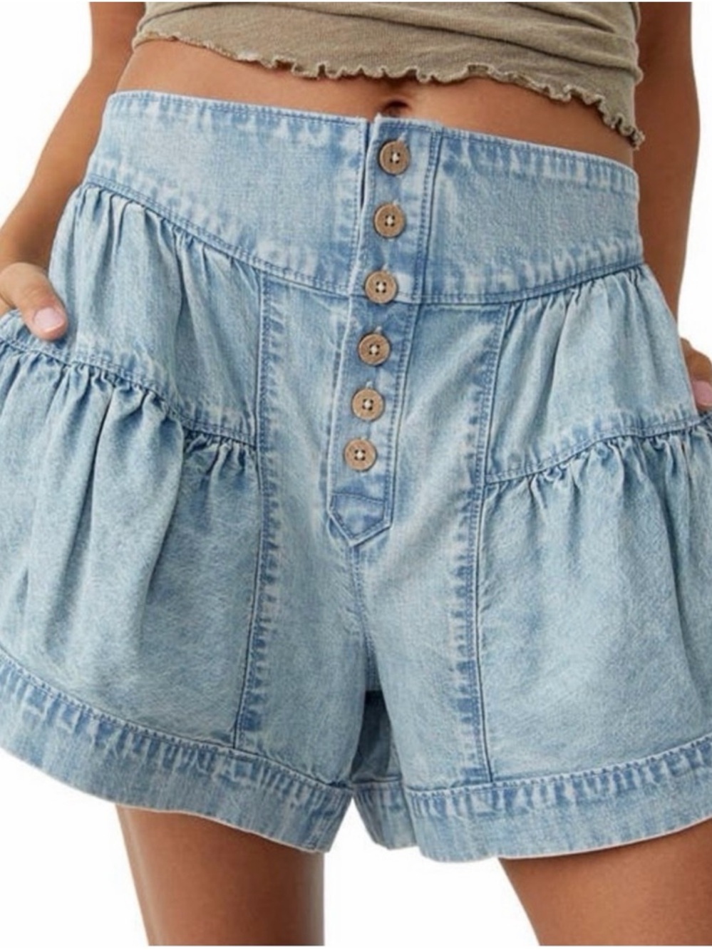 We The Free Light Blue High-Waist Button-Front Denim Shorts